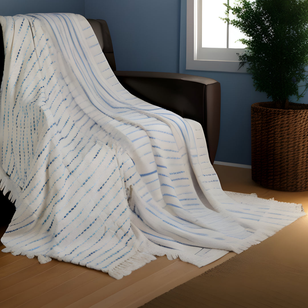 Cream Woven Cotton Striped Throw Blanket