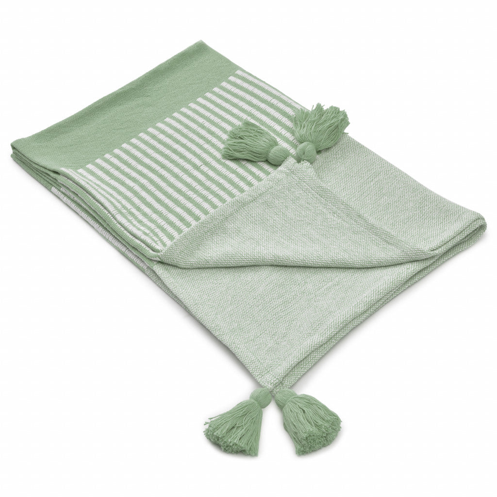 Green Woven Cotton Striped Throw Blanket