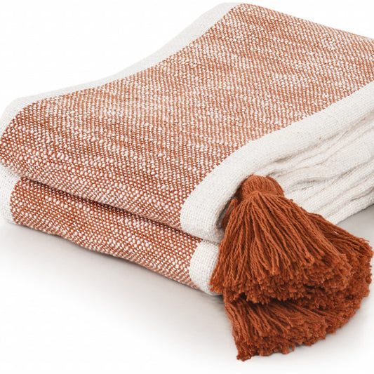 Orange Woven Cotton Striped Throw Blanket