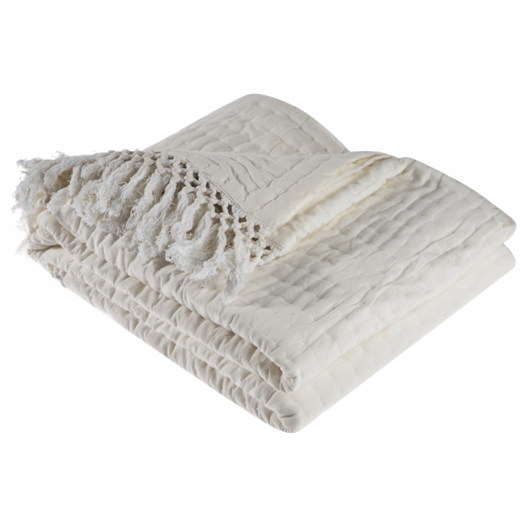 Cream Woven Cotton Solid Color Throw Blanket