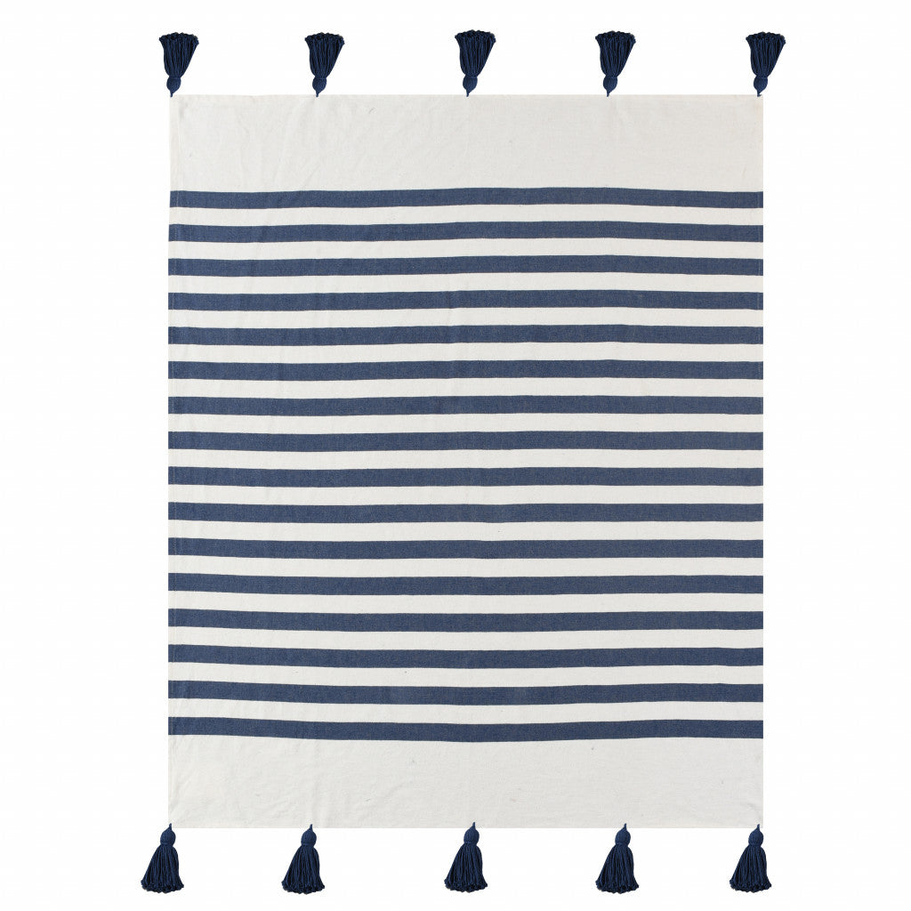 Blue and White Woven Cotton Striped Throw Blanket