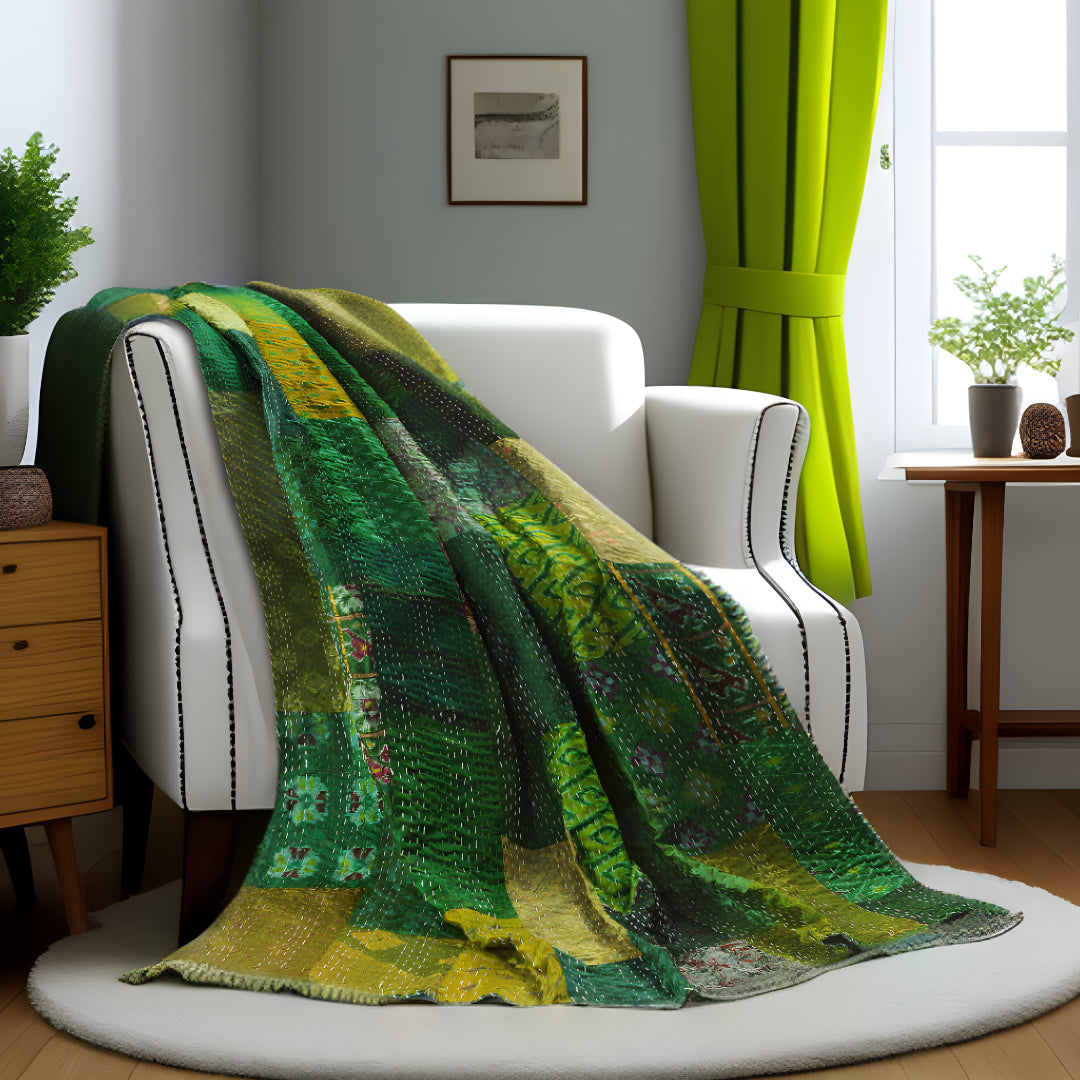 Green Knitted Silk Patchwork Throw Blanket