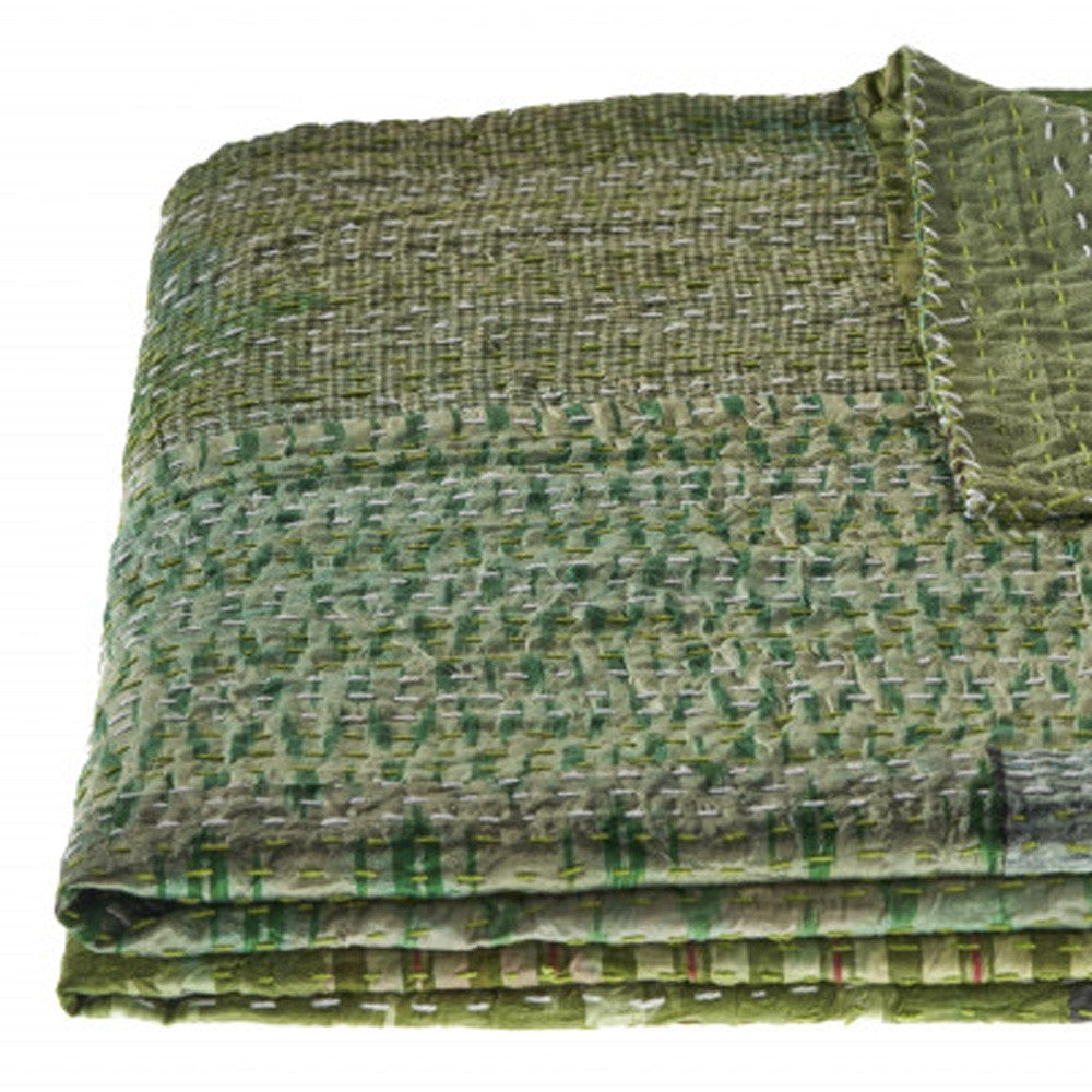 Green Knitted Silk Patchwork Throw Blanket