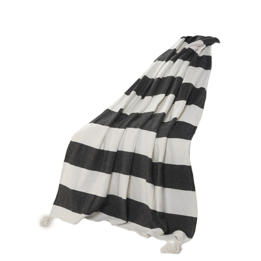 Gray and White Woven Cotton Striped Throw Blanket