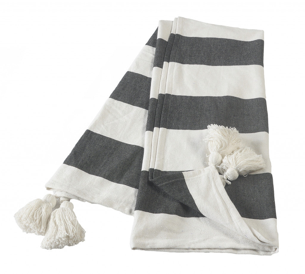 Gray and White Woven Cotton Striped Throw Blanket