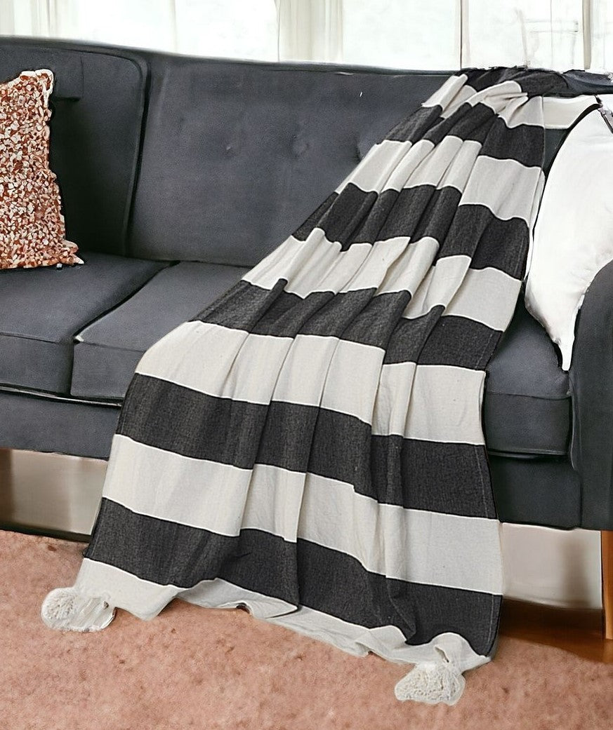 Gray and White Woven Cotton Striped Throw Blanket