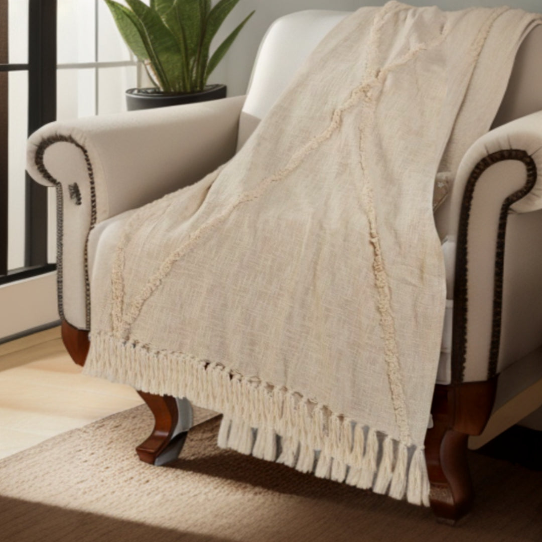 Cream Woven Cotton Solid Color Throw Blanket