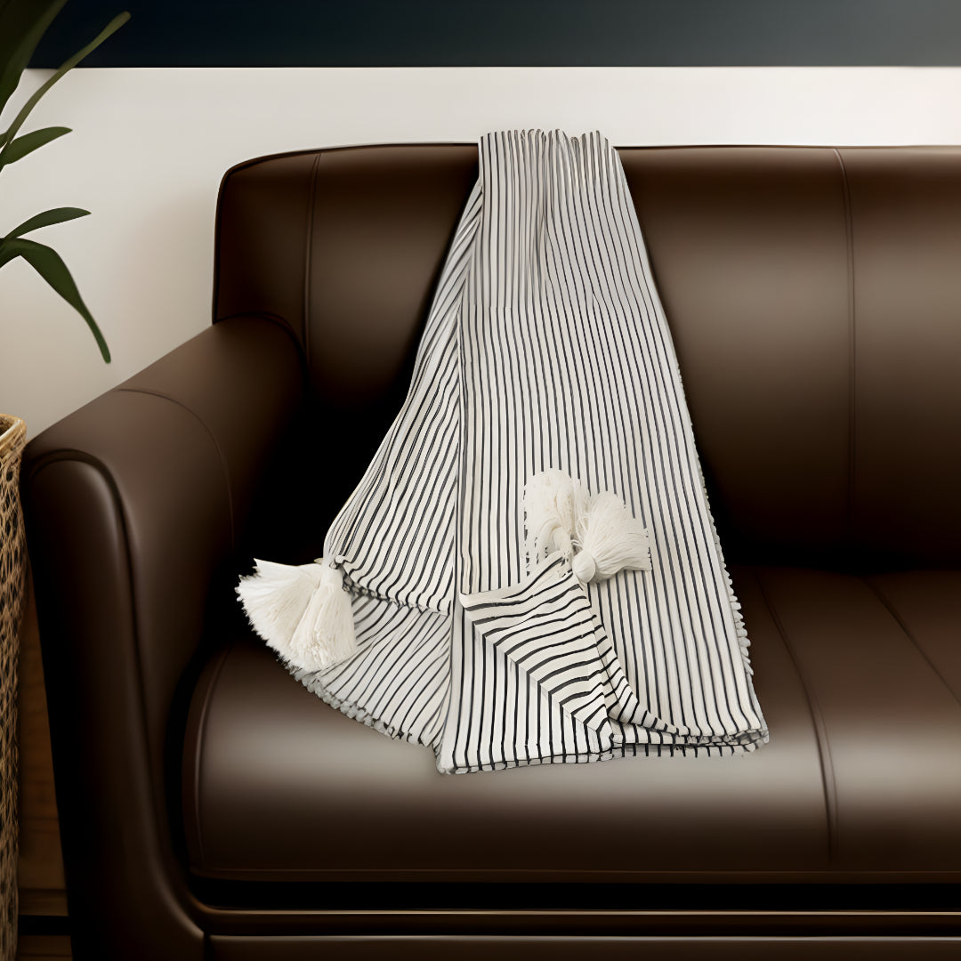 Black and White Woven Cotton Striped Throw Blanket