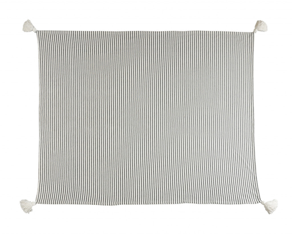 Black and White Woven Cotton Striped Throw Blanket