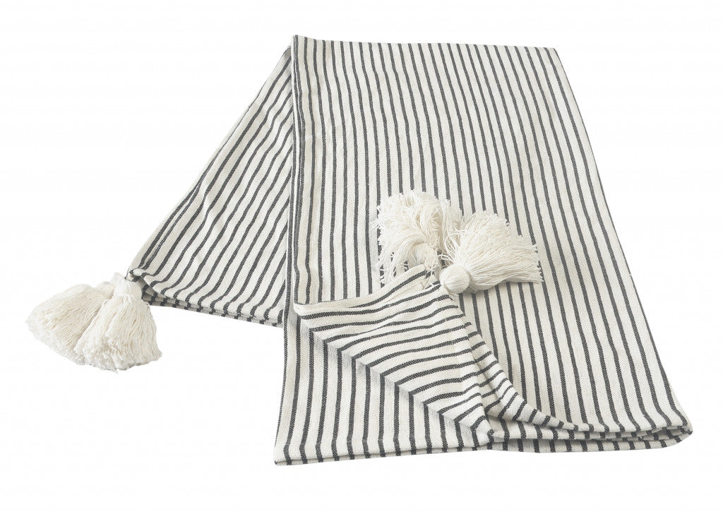 Black and White Woven Cotton Striped Throw Blanket