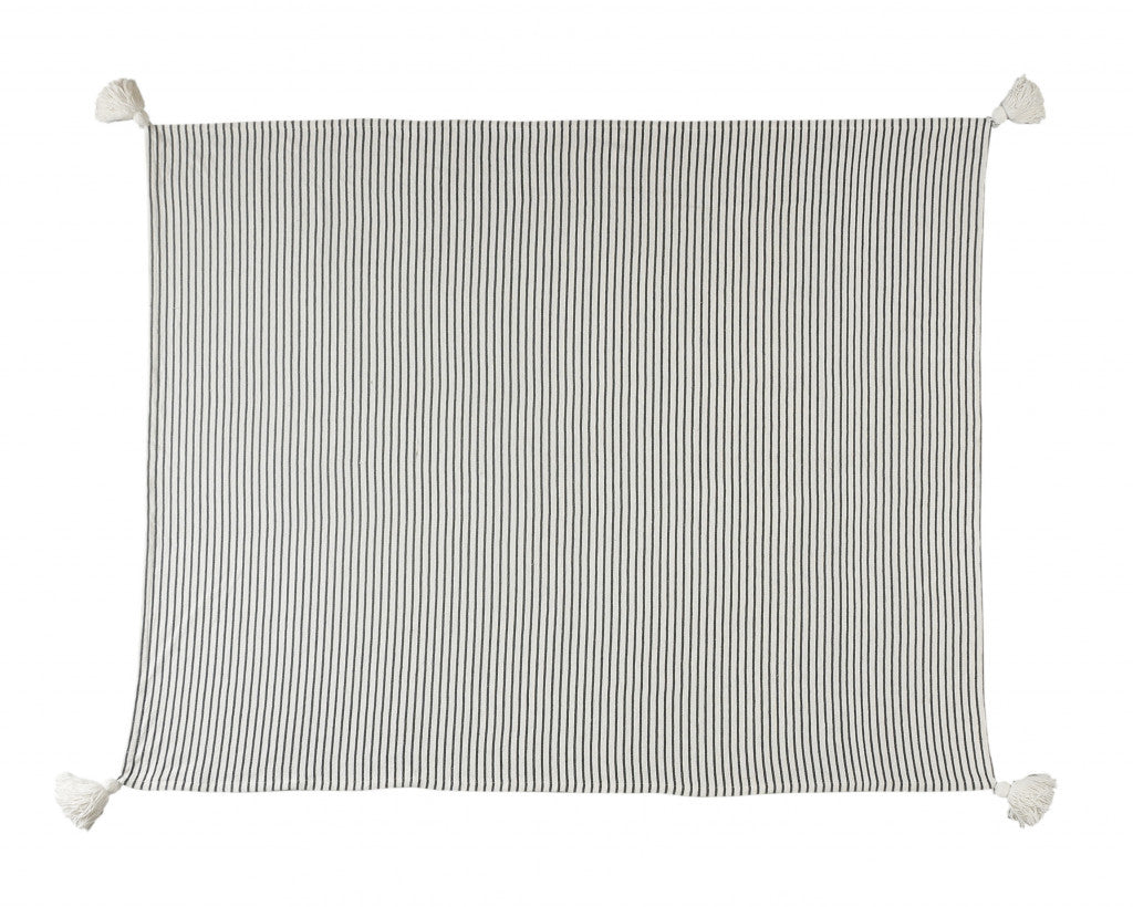 Black and White Woven Cotton Striped Throw Blanket