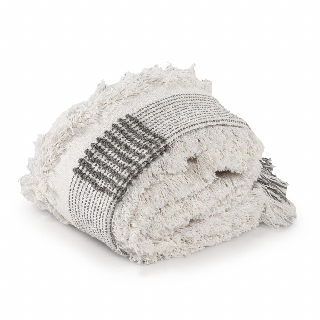 Gray and White Woven Cotton Checkered Throw Blanket