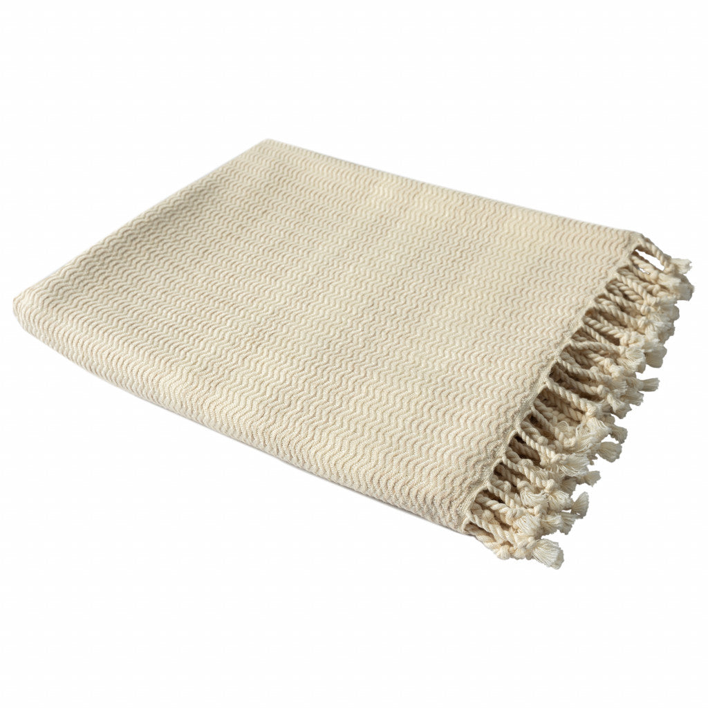 Beige Woven Cotton Striped Throw Blanket