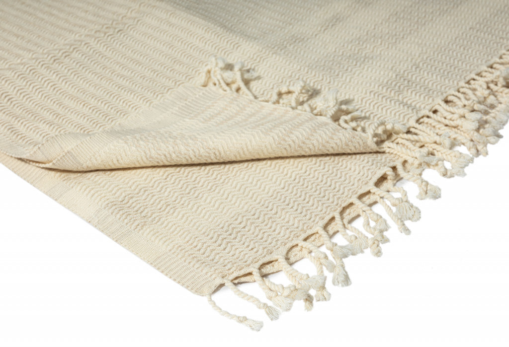 Beige Woven Cotton Striped Throw Blanket