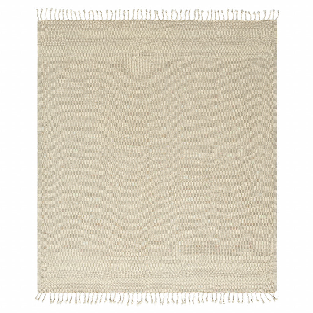 Beige Woven Cotton Striped Throw Blanket