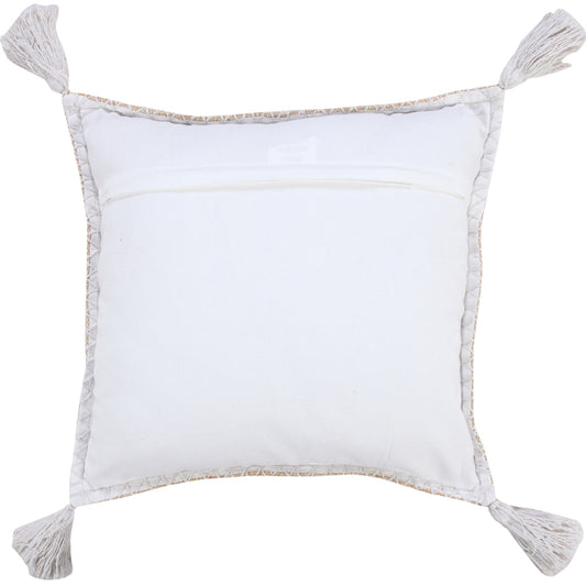 20" X 20" Brown and White Cotton Zippered Pillow With Embroidery, Tassels