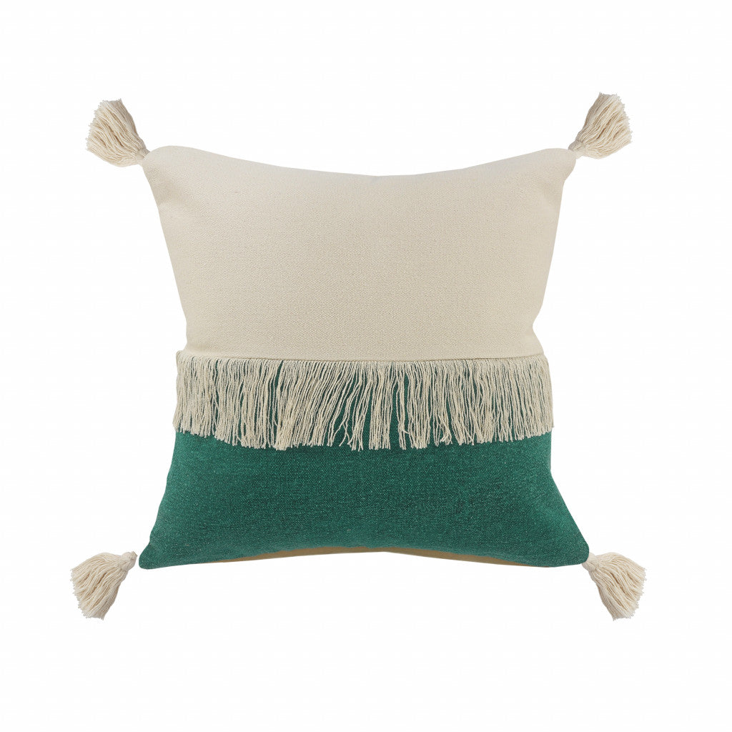 20" X 20" Emerald Green And Off-White 100% Cotton Zippered Pillow