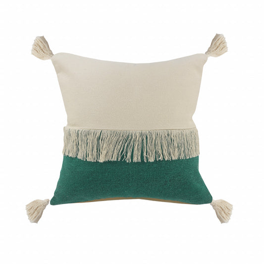 20" X 20" Emerald Green And Off-White 100% Cotton Zippered Pillow