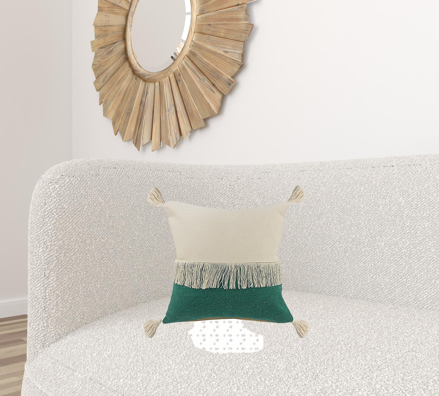 20" X 20" Emerald Green And Off-White 100% Cotton Zippered Pillow