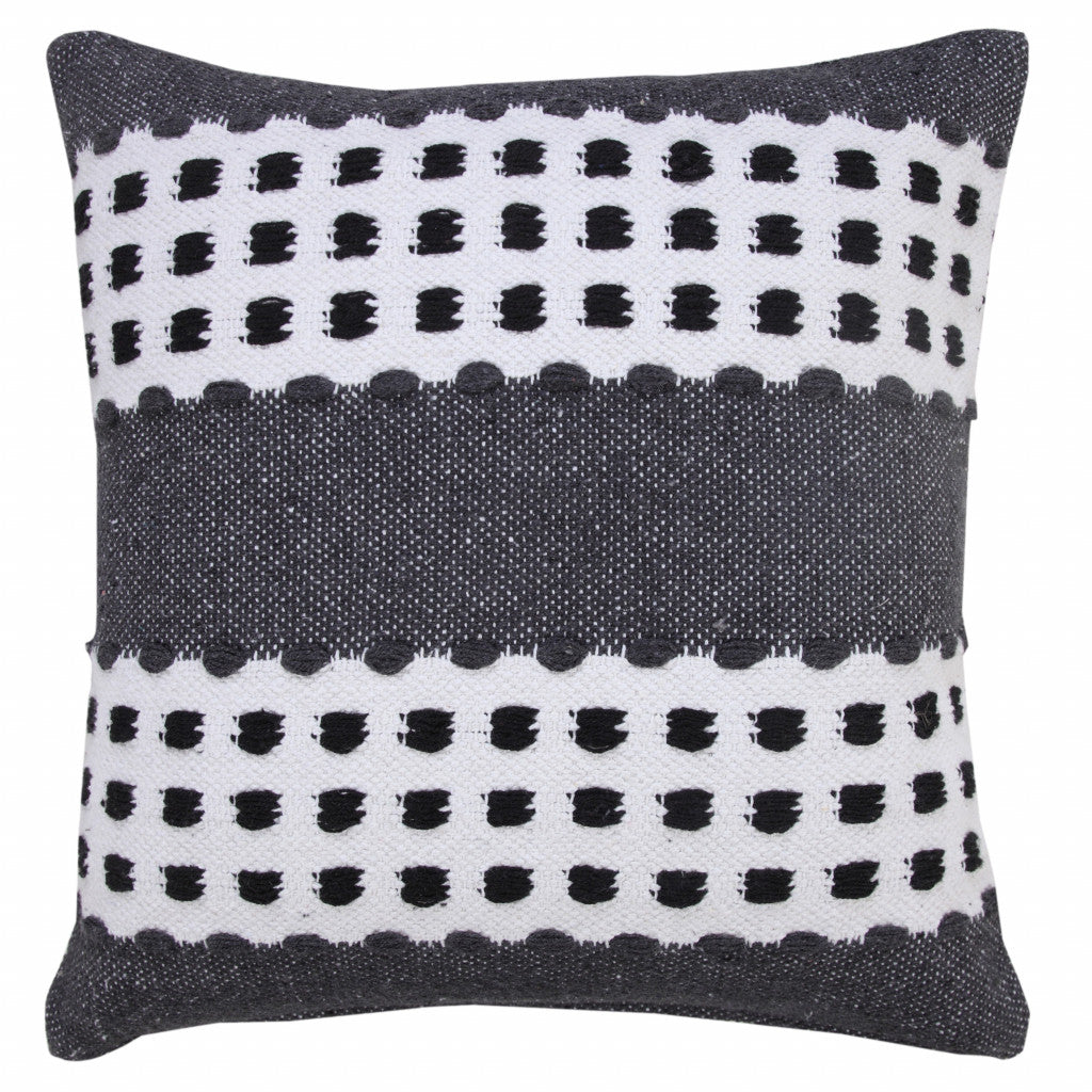 20" X 20" Black Gray And White 100% Cotton Striped Zippered Pillow