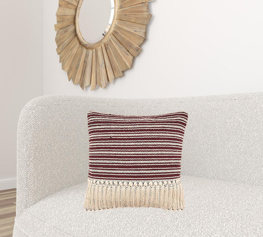 20" X 20" Maroon Red And Off-White 100% Cotton Striped Zippered Pillow