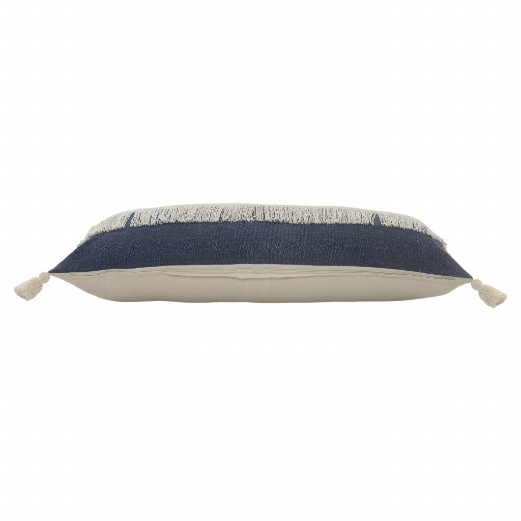 14" X 36" Denim Blue And Off-White 100% Cotton Zippered Pillow
