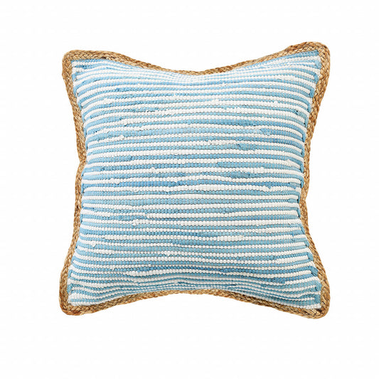20" X 20" Air Blue White And Tan 100% Cotton Striped Zippered Pillow