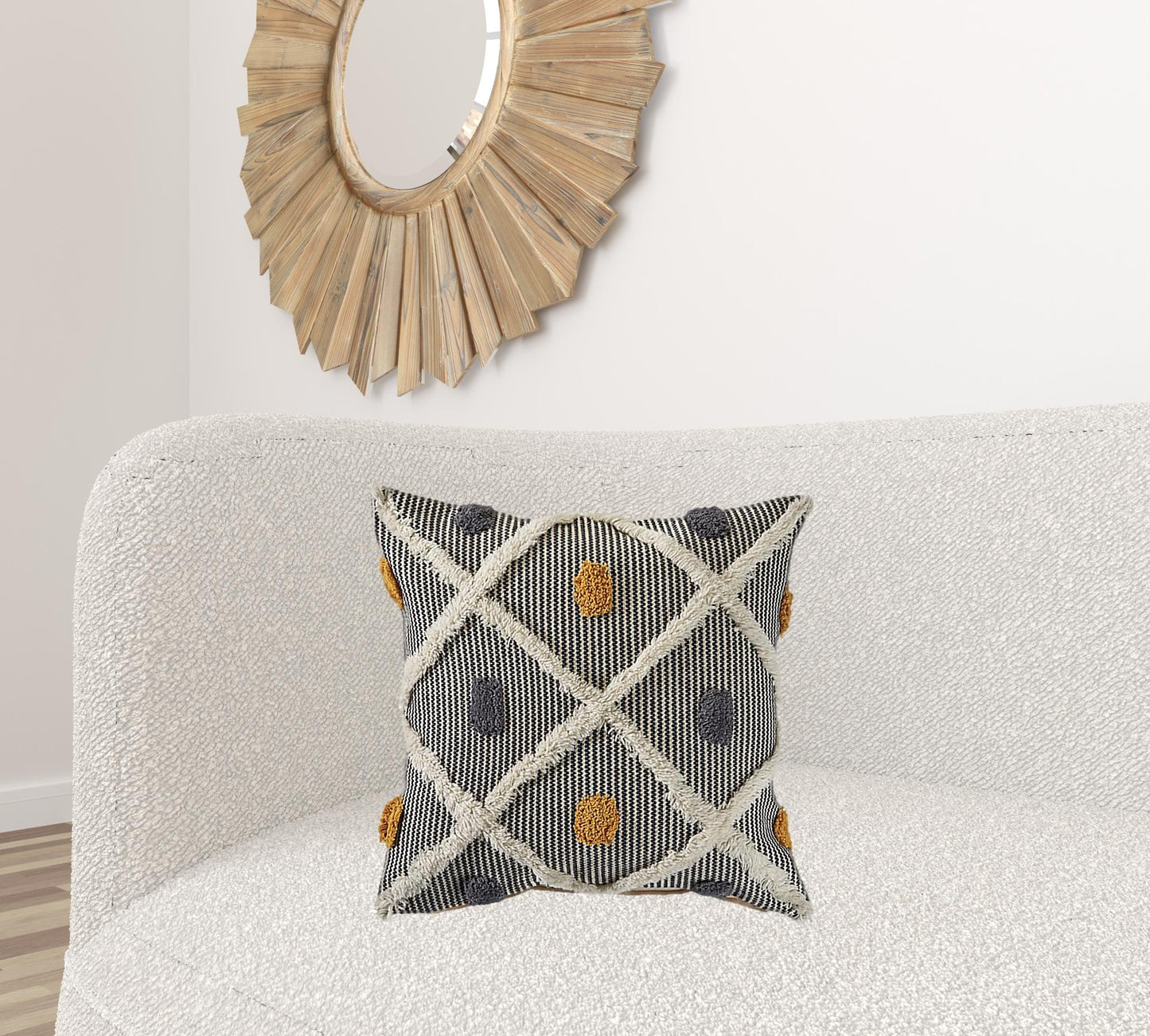 20" X 20" Black Gray Yellow And Off-White 100% Cotton Geometric Zippered Pillow