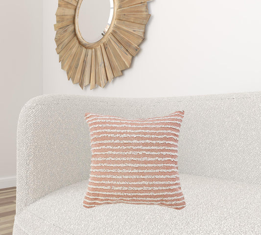 20" X 20" Dusty Pink And Cream 100% Cotton Striped Zippered Pillow