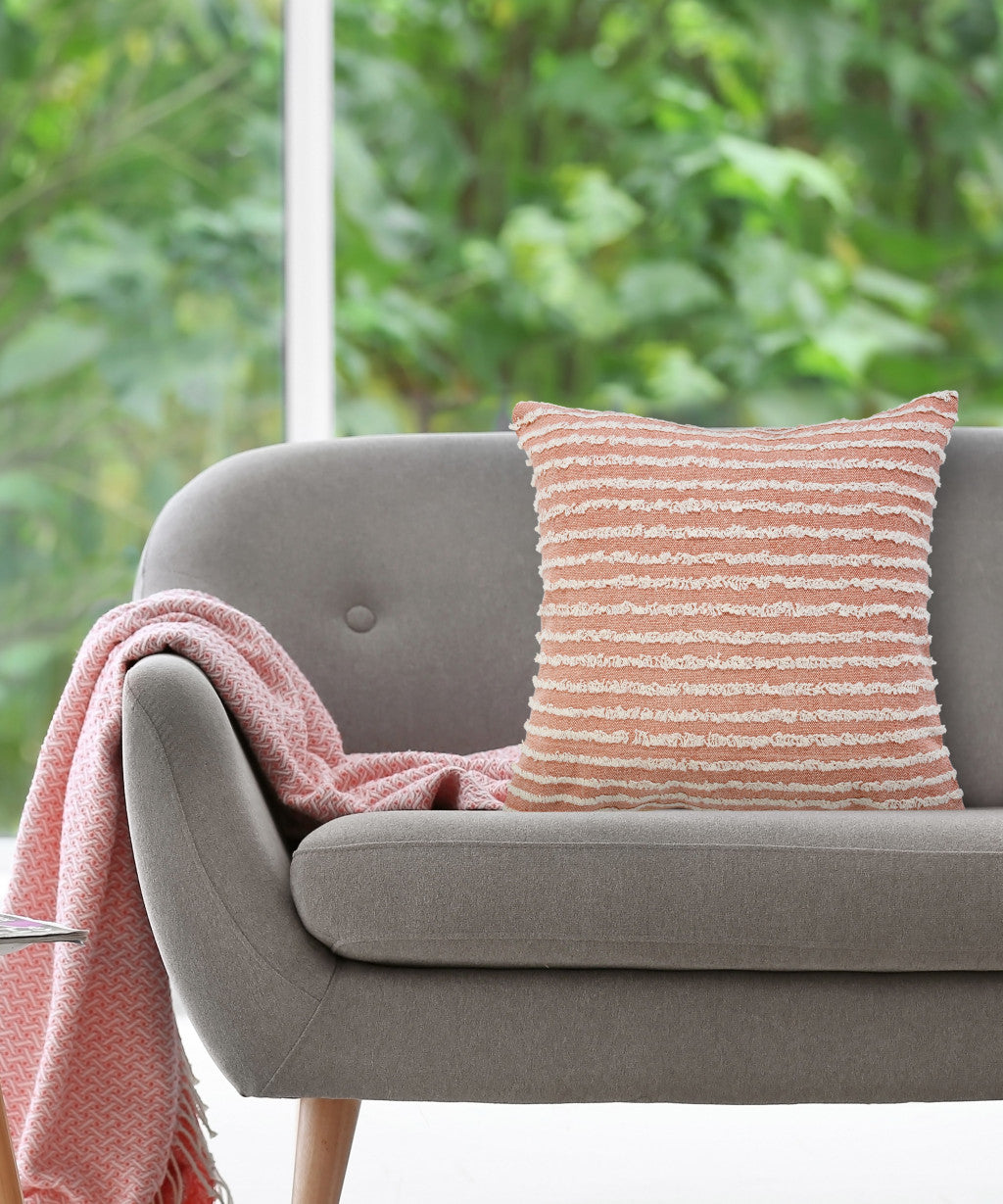 20" X 20" Dusty Pink And Cream 100% Cotton Striped Zippered Pillow