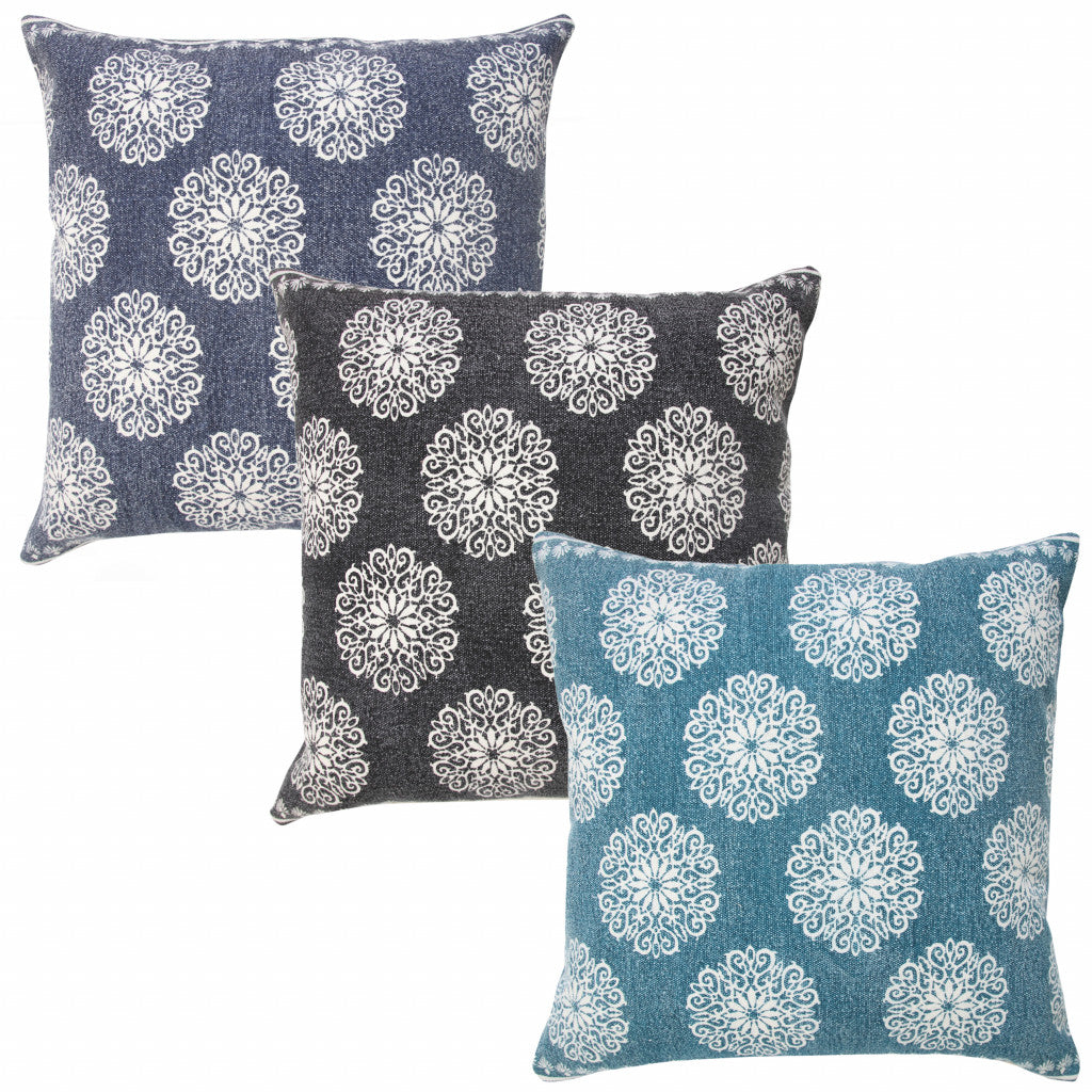 20" X 20" Lagoon Blue And White 100% Cotton Floral Zippered Pillow