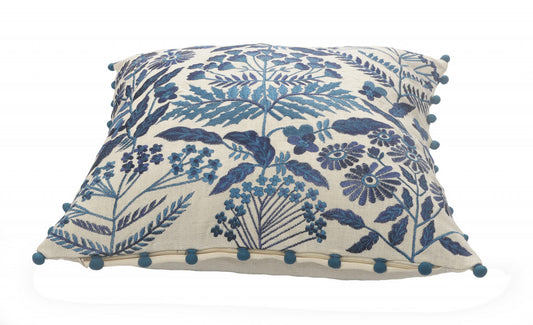 20" X 20" Navy And Off-White 100% Cotton Floral Zippered Pillow