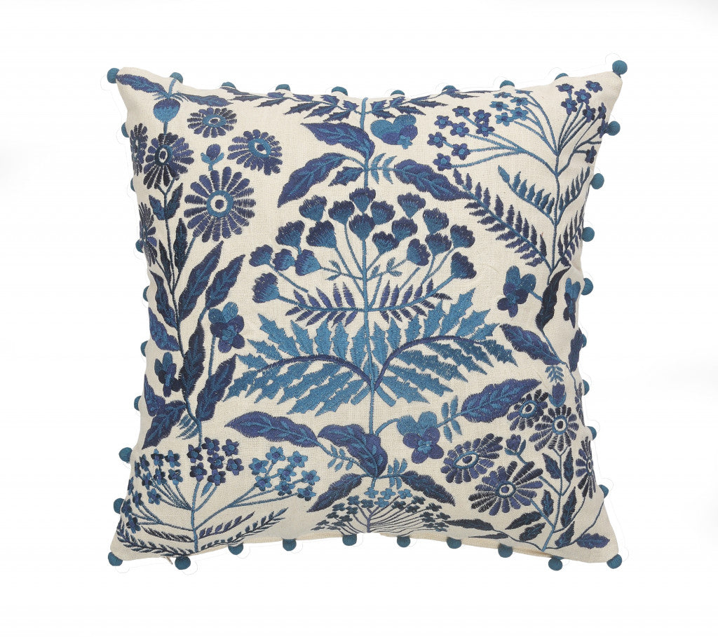 20" X 20" Navy And Off-White 100% Cotton Floral Zippered Pillow