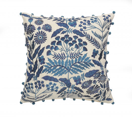 20" X 20" Navy And Off-White 100% Cotton Floral Zippered Pillow