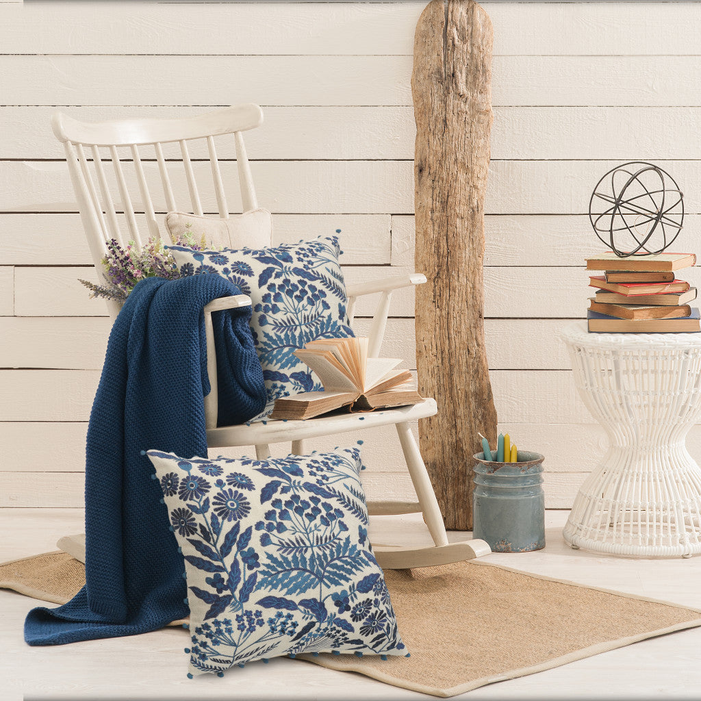 20" X 20" Navy And Off-White 100% Cotton Floral Zippered Pillow