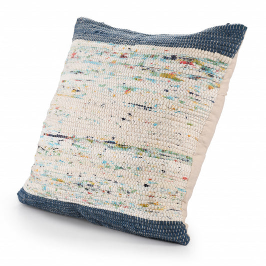 20" X 20" Blue And Off-White 100% Cotton Abstract Zippered Pillow