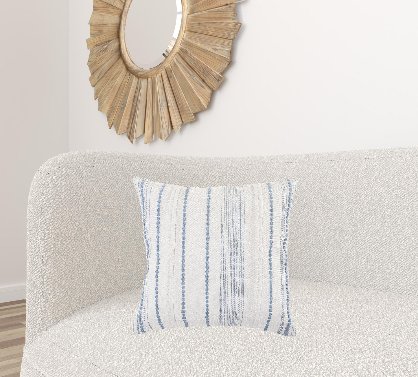 20" X 20" White And Blue 100% Cotton Geometric Zippered Pillow
