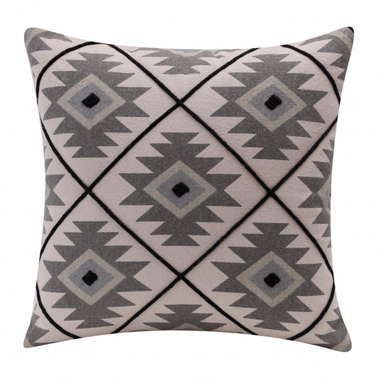 20" X 20" Gray And Black 100% Cotton Geometric Zippered Pillow