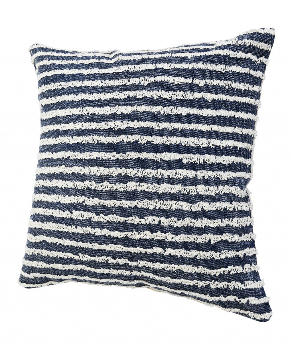 20" X 20" Ensign Blue And Cream 100% Cotton Striped Zippered Pillow