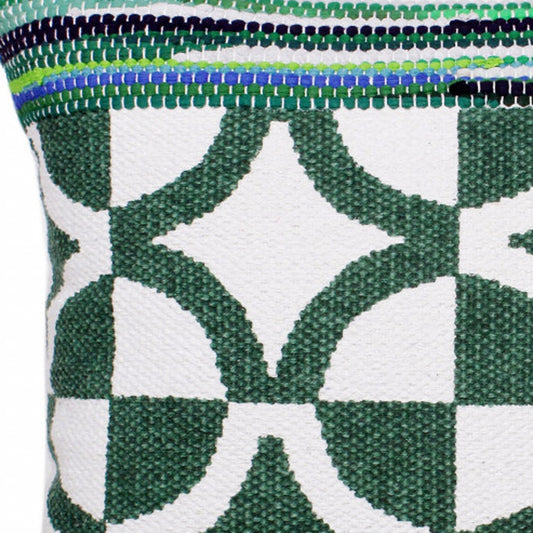 20" X 20" Green White And Blue 100% Cotton Geometric Zippered Pillow