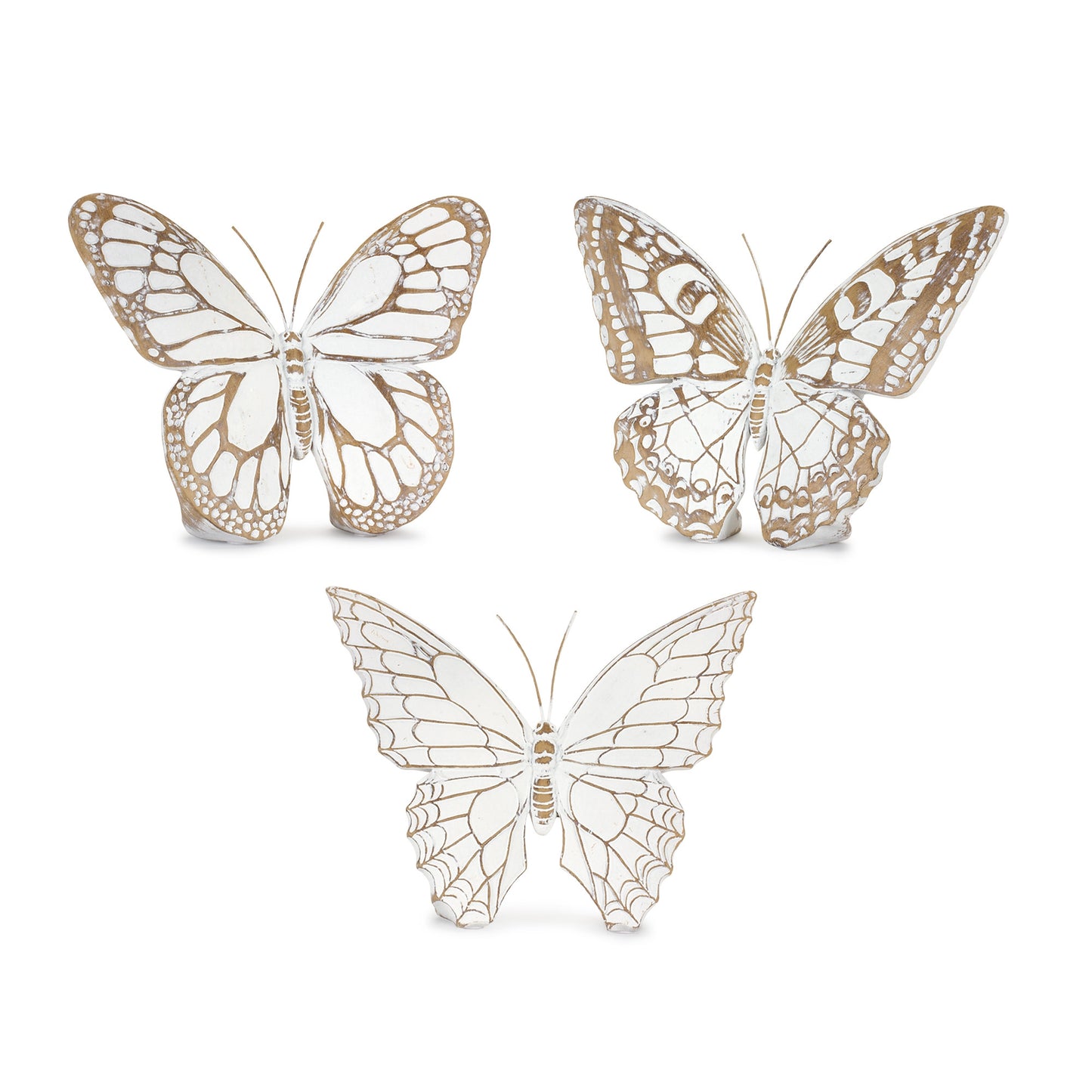 Set Of Three 6" Brown and White Polyresin Butterfly Figurine