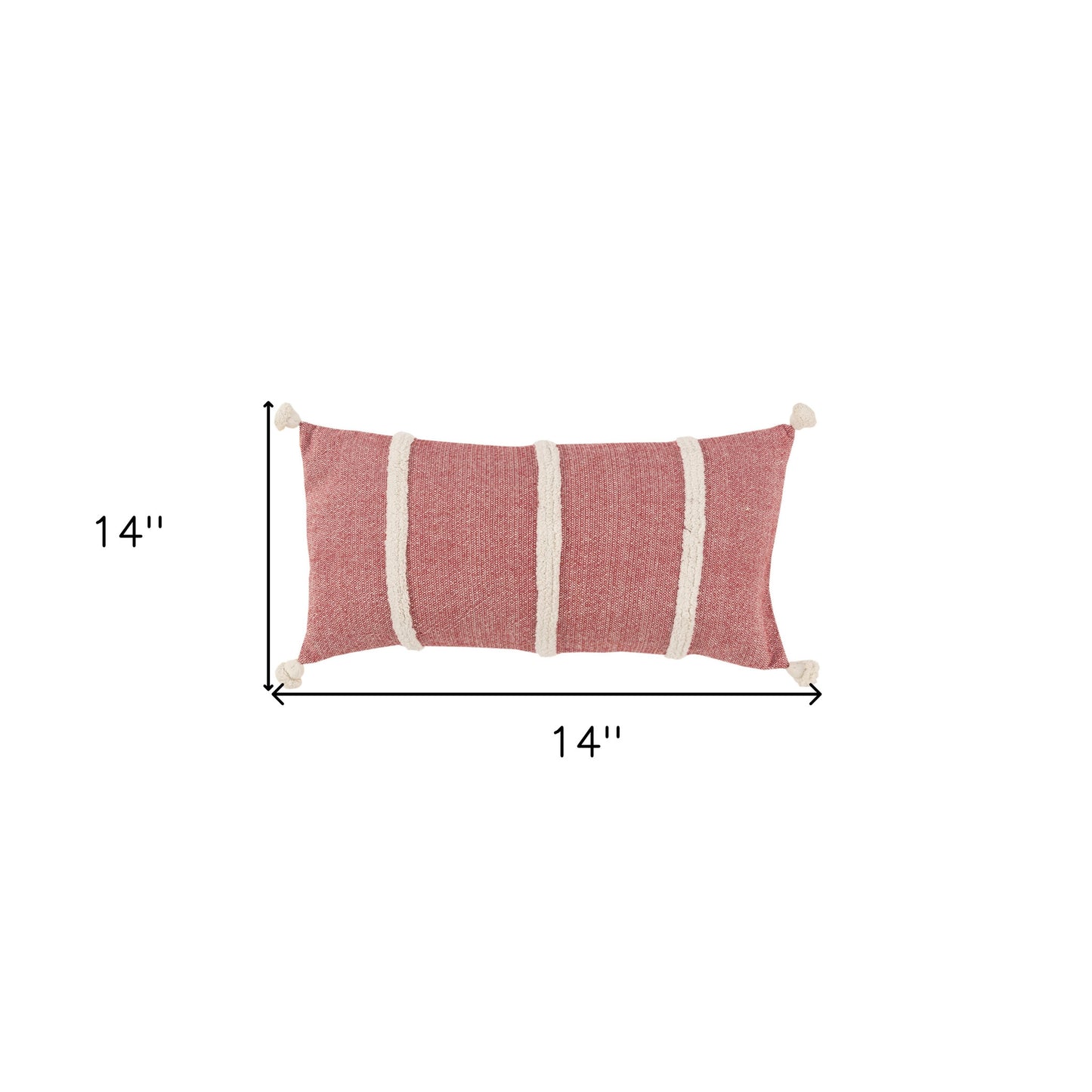 14" X 14" Red and White Cotton Pillow With Tassels Edges