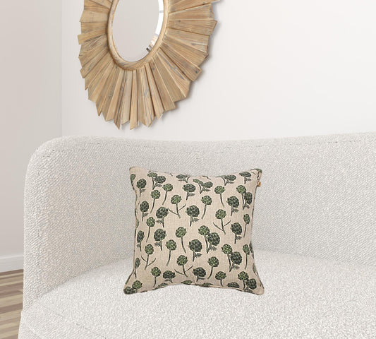 Set Of Two 18" x 18" Beige and Green 100% Cotton Artichoke Zippered Pillows