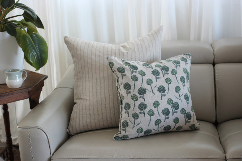 Set Of Two 18" x 18" Beige and Green 100% Cotton Artichoke Zippered Pillows