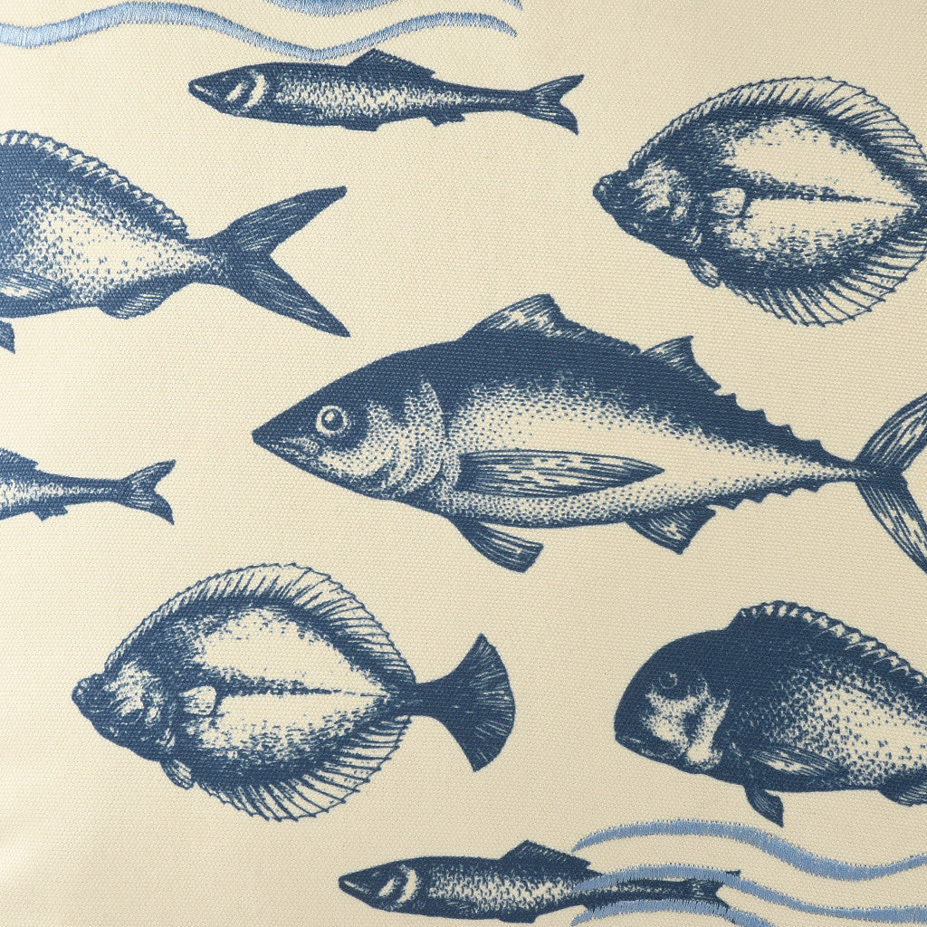 20" X 20" Blue And Cream Fish Polyester Animal Print Zippered Pillow
