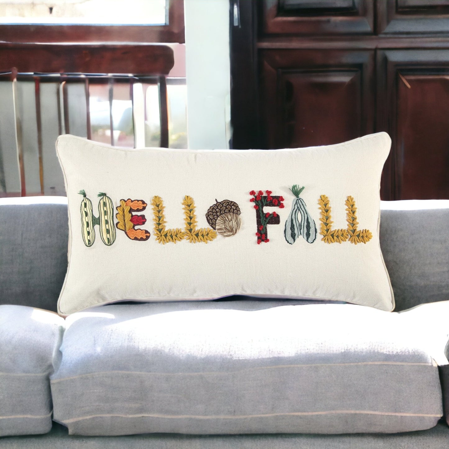 14" X 14" Yellow and White Thanksgiving Cotton Pillow With Embroidery Edges