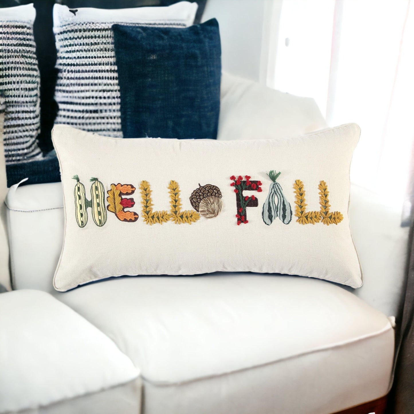 14" X 14" Yellow and White Thanksgiving Cotton Pillow With Embroidery Edges