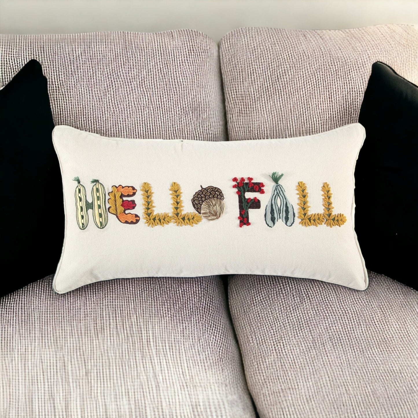 14" X 14" Yellow and White Thanksgiving Cotton Pillow With Embroidery Edges