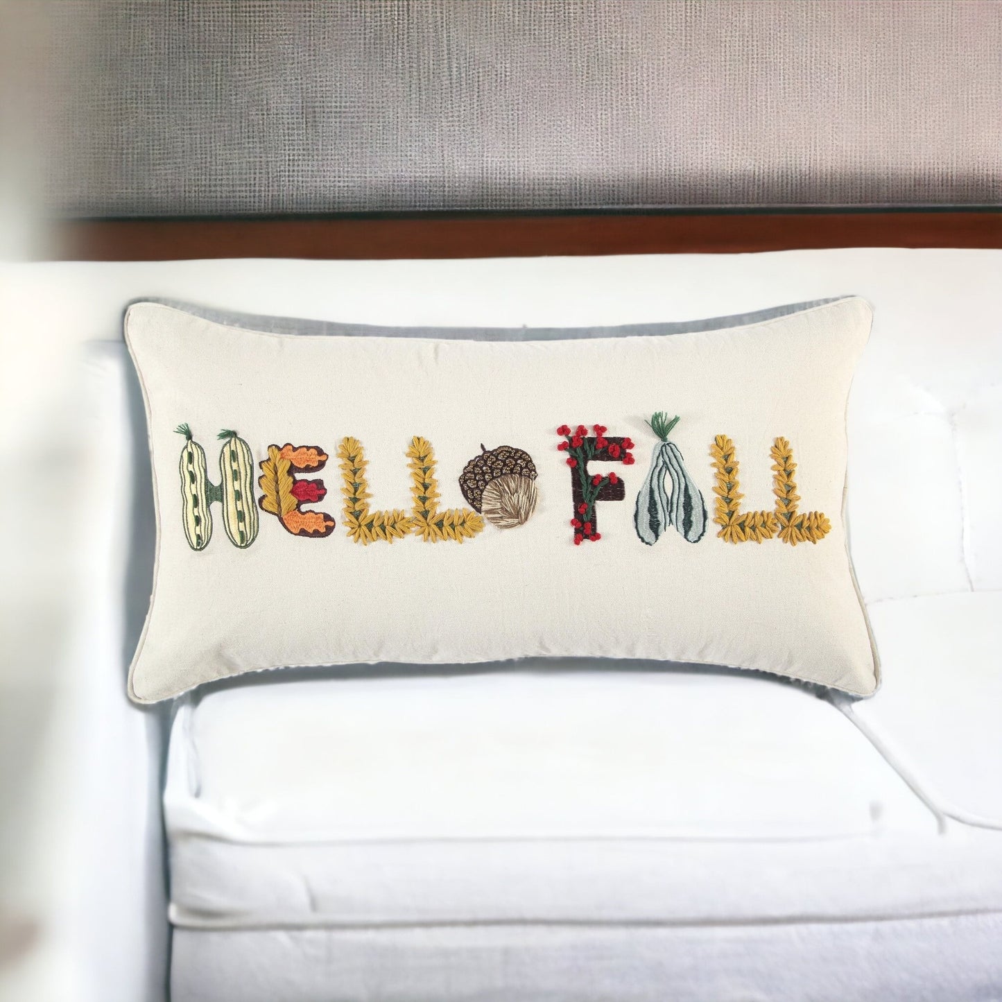 14" X 14" Yellow and White Thanksgiving Cotton Pillow With Embroidery Edges