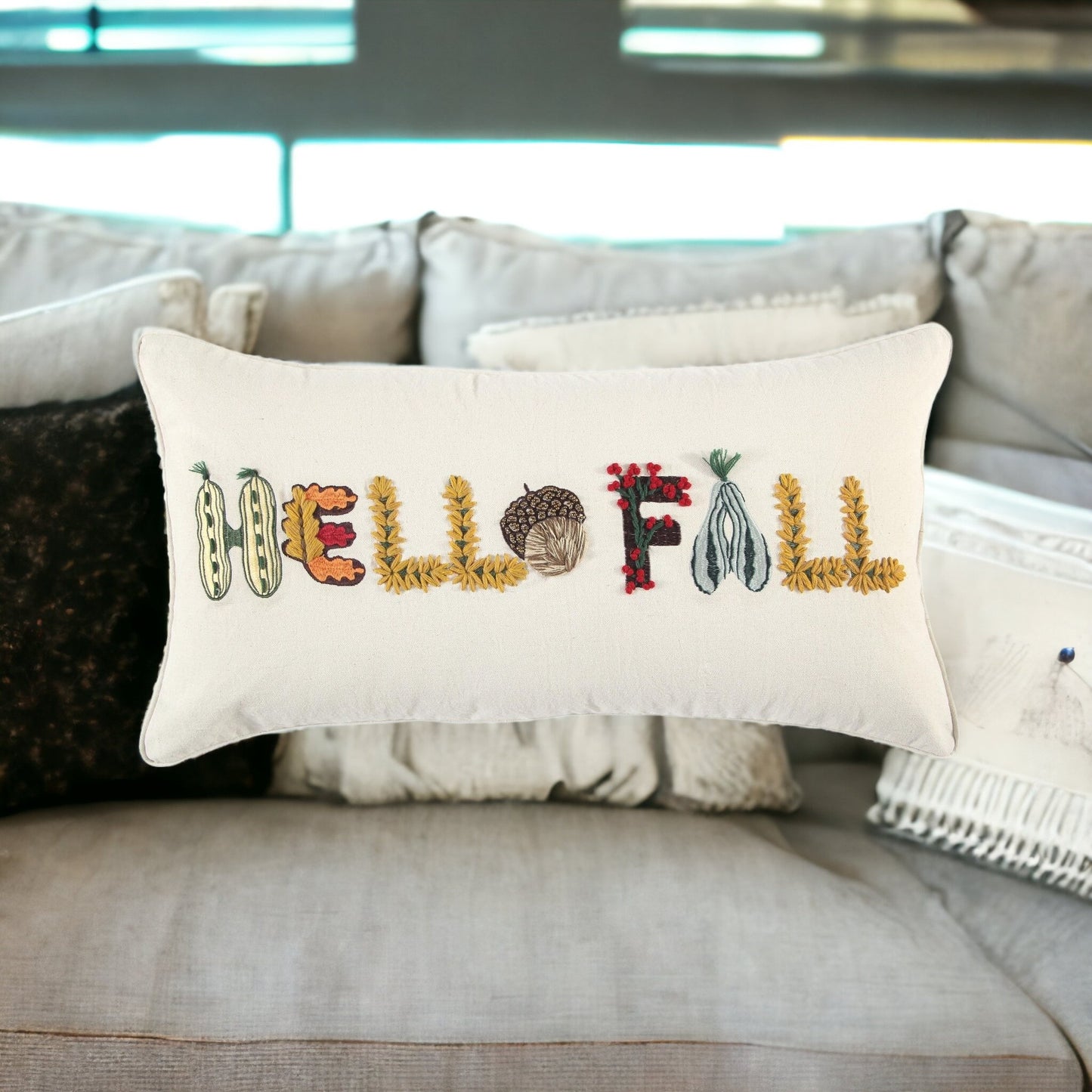 14" X 14" Yellow and White Thanksgiving Cotton Pillow With Embroidery Edges